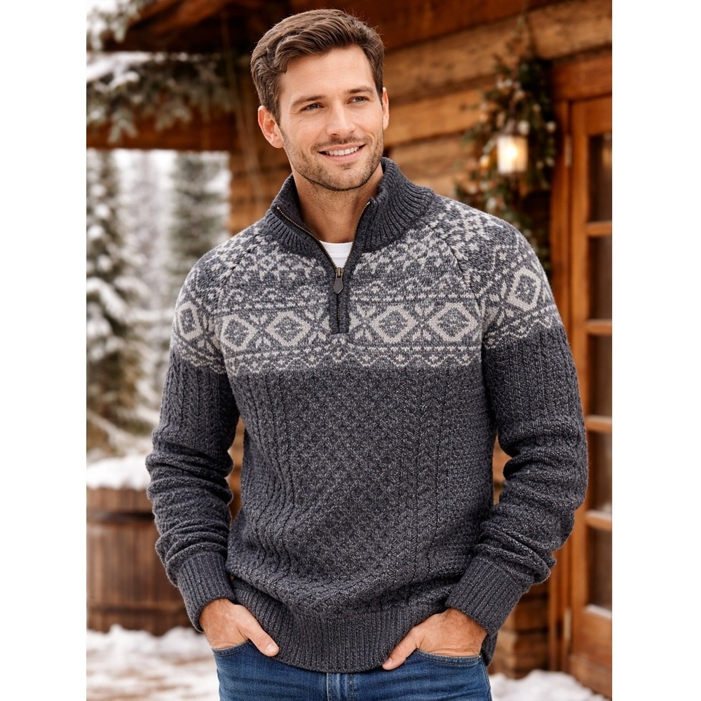 NWOT Original Aran Co. Men's Merino Wool Quarter Zip‎ Sweater Fair Isle Blue M